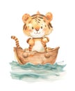 Watercolor cute baby tiger sailing on a boat isolated on white background. Royalty Free Stock Photo